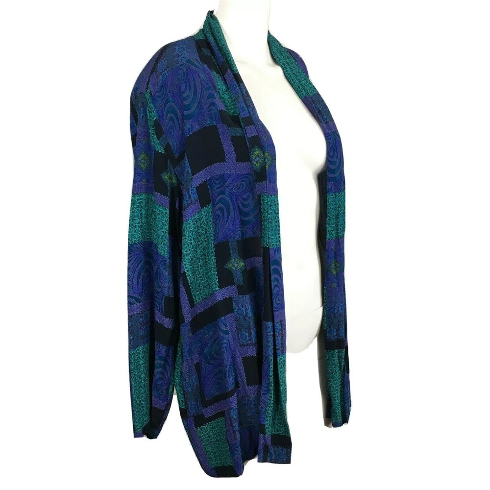 Risa Kimono Cardi Womens Sz S M‎ Purple Green Pattern Plaid Padded Shoulder Open